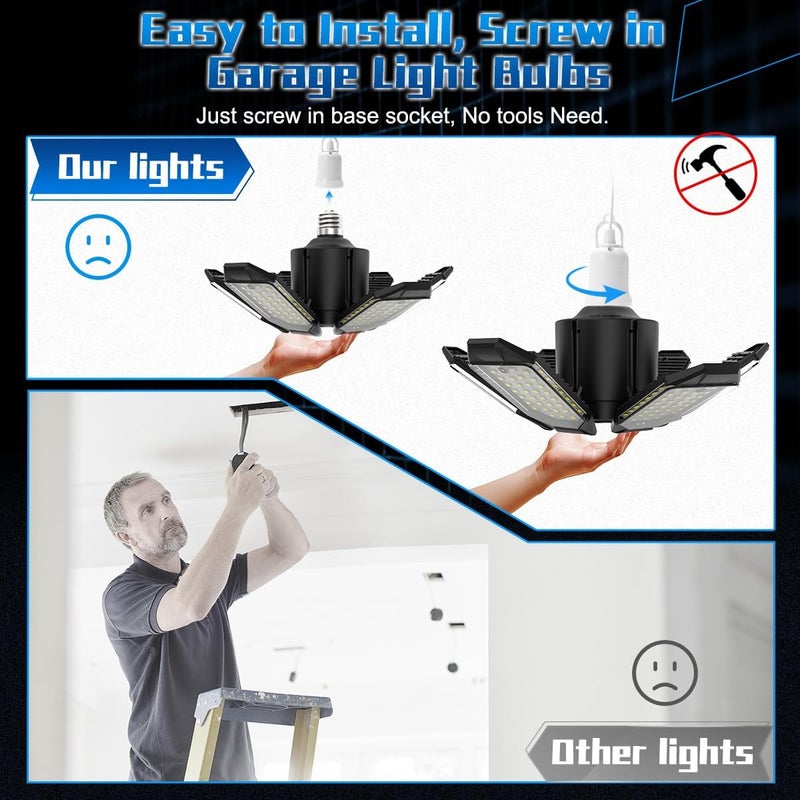 POLARPRA LED Garage Lights - 30000LM Super Brighter Garage Lighting w/ 6 Deformable Panels 6500K Led Shop Lights E26 Screw in Base for Basement Workshop Warehouse Attic - 2Pack - Image 5